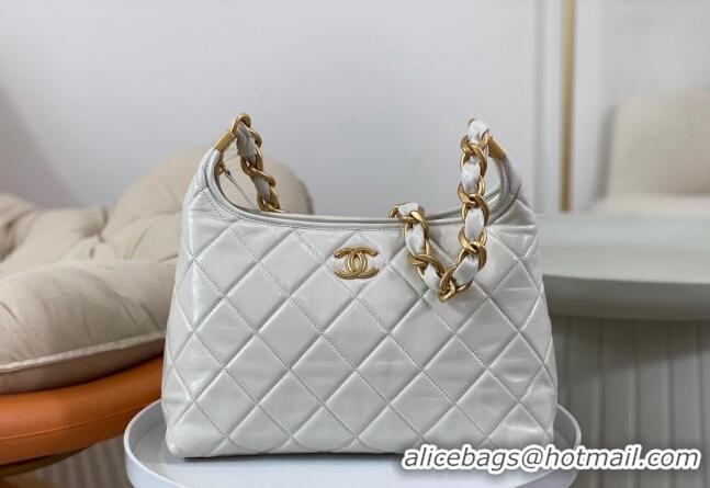 Luxury Discount Chanel Shiny Lambskin Large Hobo bag AS4923 White 2024