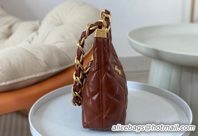 Good Quality Chanel Shiny Lambskin Small Hobo bag AS4922 Brown 2024