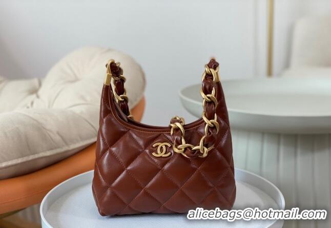 Good Quality Chanel Shiny Lambskin Small Hobo bag AS4922 Brown 2024