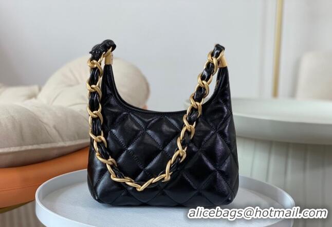 Most Popular Chanel Shiny Lambskin Small Hobo bag AS4922 Black 2024