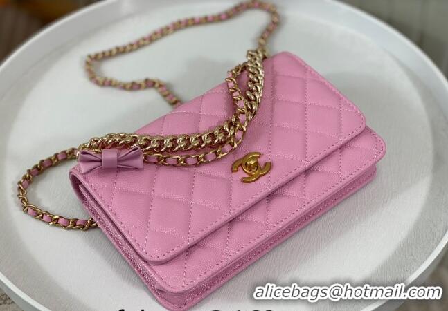 Buy New Cheap Chanel Grained Calfskin Wallet on Chain WOC Bag 96073 Bow Pink 2024