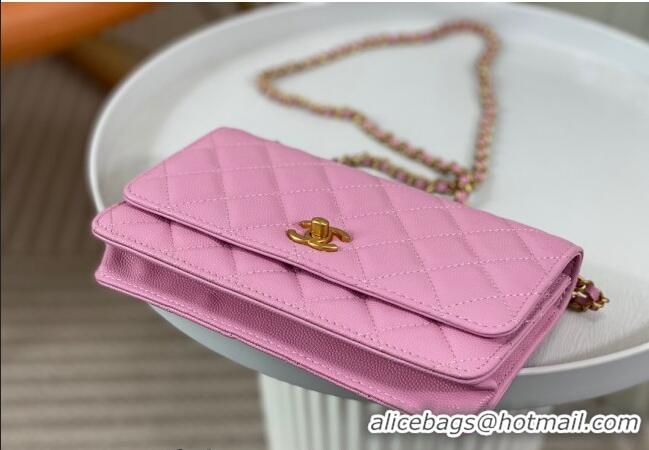 Buy New Cheap Chanel Grained Calfskin Wallet on Chain WOC Bag 96073 Bow Pink 2024