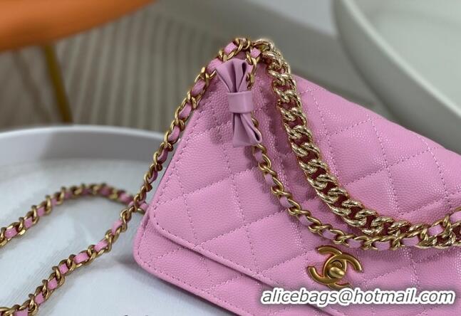 Buy New Cheap Chanel Grained Calfskin Wallet on Chain WOC Bag 96073 Bow Pink 2024