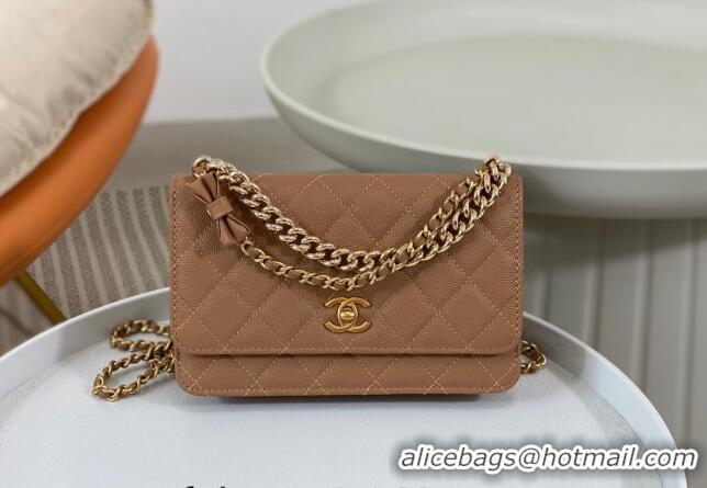 New Release Creation Chanel Grained Calfskin Wallet on Chain WOC Bag 96073 Bow Brown 2024