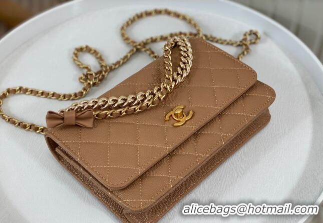 New Release Creation Chanel Grained Calfskin Wallet on Chain WOC Bag 96073 Bow Brown 2024