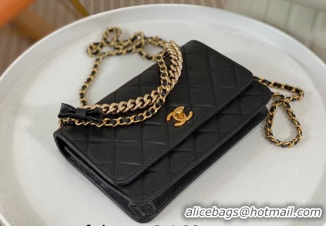 Grade Quality Chanel Grained Calfskin Wallet on Chain WOC Bag 96073 Bow Black 2024