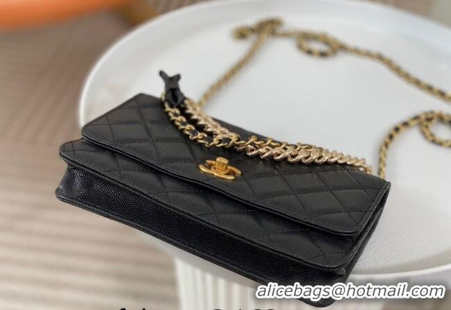 Grade Quality Chanel Grained Calfskin Wallet on Chain WOC Bag 96073 Bow Black 2024