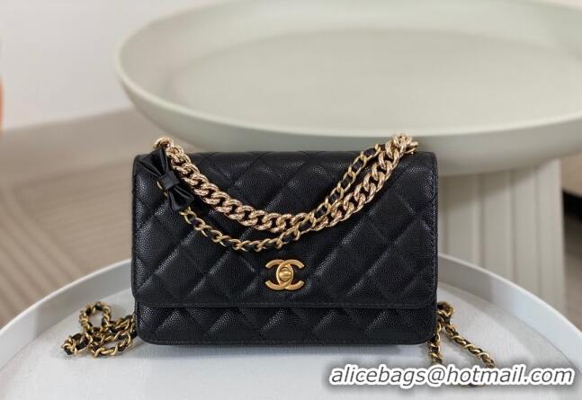 Grade Quality Chanel Grained Calfskin Wallet on Chain WOC Bag 96073 Bow Black 2024