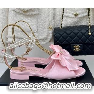 Pretty Style Chanel Silk Flat Sandals with Maxi Bow and Pearls Light Pink 629052