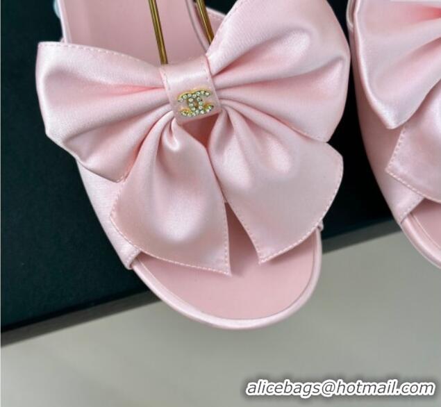 Pretty Style Chanel Silk Flat Sandals with Maxi Bow and Pearls Light Pink 629052