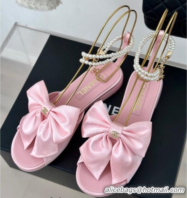 Pretty Style Chanel Silk Flat Sandals with Maxi Bow and Pearls Light Pink 629052