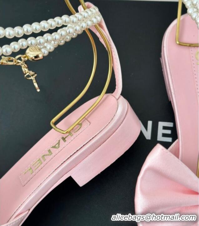 Pretty Style Chanel Silk Flat Sandals with Maxi Bow and Pearls Light Pink 629052