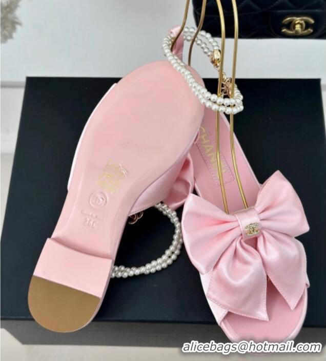 Pretty Style Chanel Silk Flat Sandals with Maxi Bow and Pearls Light Pink 629052