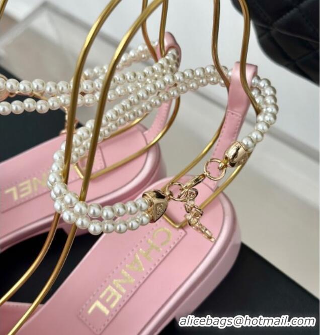 Pretty Style Chanel Silk Flat Sandals with Maxi Bow and Pearls Light Pink 629052