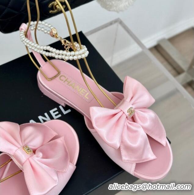 Pretty Style Chanel Silk Flat Sandals with Maxi Bow and Pearls Light Pink 629052