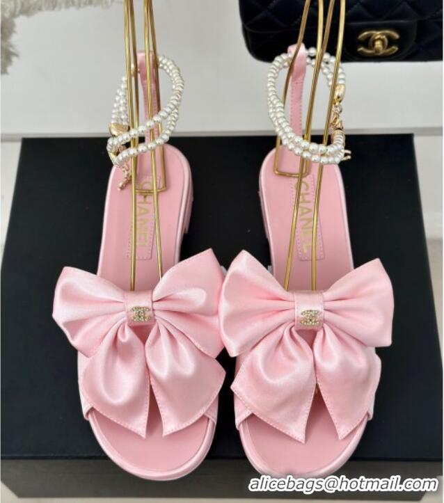 Pretty Style Chanel Silk Flat Sandals with Maxi Bow and Pearls Light Pink 629052