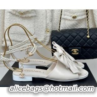 Top Design Chanel Lambskin Flat Sandals with Maxi Bow and Pearls White 629053