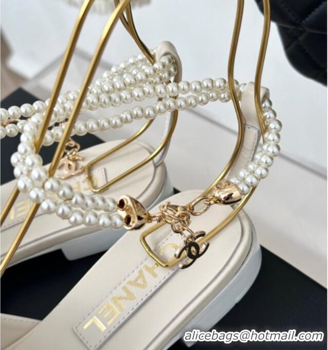 Top Design Chanel Lambskin Flat Sandals with Maxi Bow and Pearls White 629053