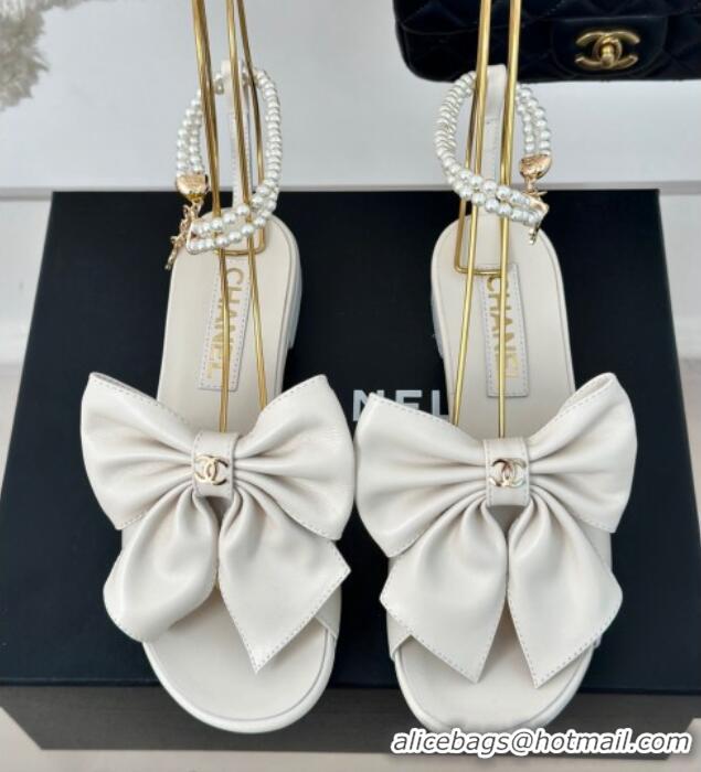 Top Design Chanel Lambskin Flat Sandals with Maxi Bow and Pearls White 629053