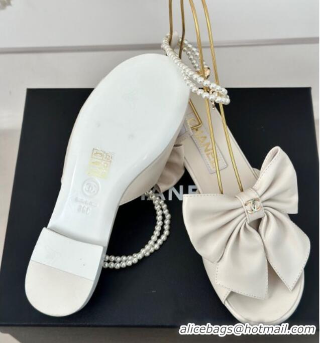 Top Design Chanel Lambskin Flat Sandals with Maxi Bow and Pearls White 629053