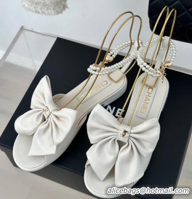 Top Design Chanel Lambskin Flat Sandals with Maxi Bow and Pearls White 629053