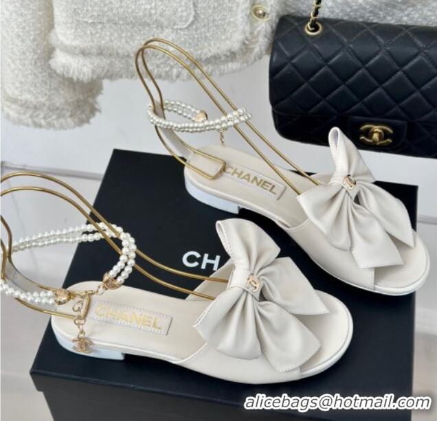 Top Design Chanel Lambskin Flat Sandals with Maxi Bow and Pearls White 629053