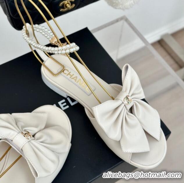 Top Design Chanel Lambskin Flat Sandals with Maxi Bow and Pearls White 629053