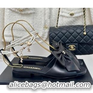 Top Grade Chanel Lambskin Flat Sandals with Maxi Bow and Pearls Black 629054