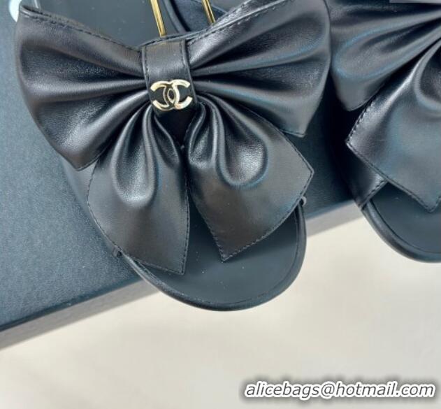 Top Grade Chanel Lambskin Flat Sandals with Maxi Bow and Pearls Black 629054