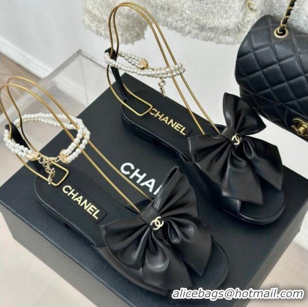 Top Grade Chanel Lambskin Flat Sandals with Maxi Bow and Pearls Black 629054