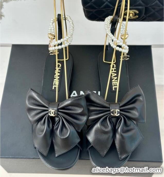 Top Grade Chanel Lambskin Flat Sandals with Maxi Bow and Pearls Black 629054