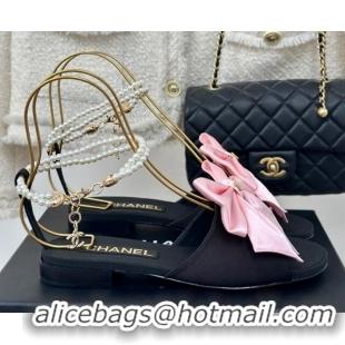 Purchase Chanel Silk Flat Sandals with Maxi Bow and Pearls Balck/Pink 629055