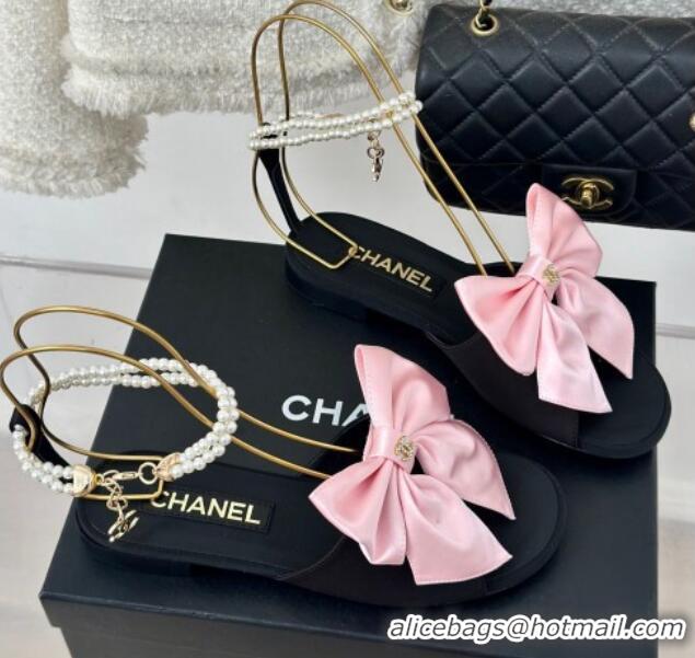 Purchase Chanel Silk Flat Sandals with Maxi Bow and Pearls Balck/Pink 629055