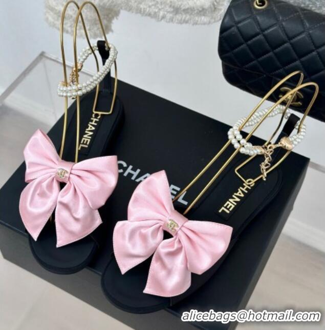 Purchase Chanel Silk Flat Sandals with Maxi Bow and Pearls Balck/Pink 629055