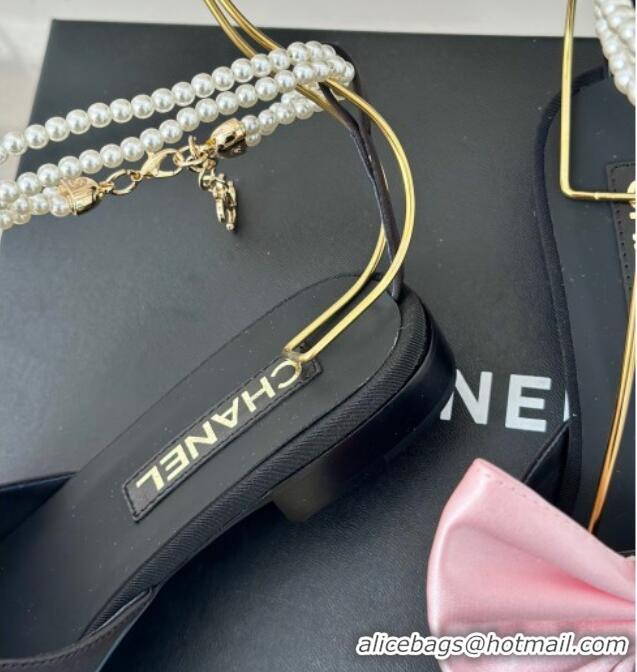 Purchase Chanel Silk Flat Sandals with Maxi Bow and Pearls Balck/Pink 629055