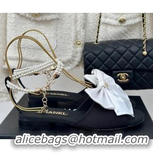 Unique Style Chanel Silk Flat Sandals with Maxi Bow and Pearls Black/White 629056