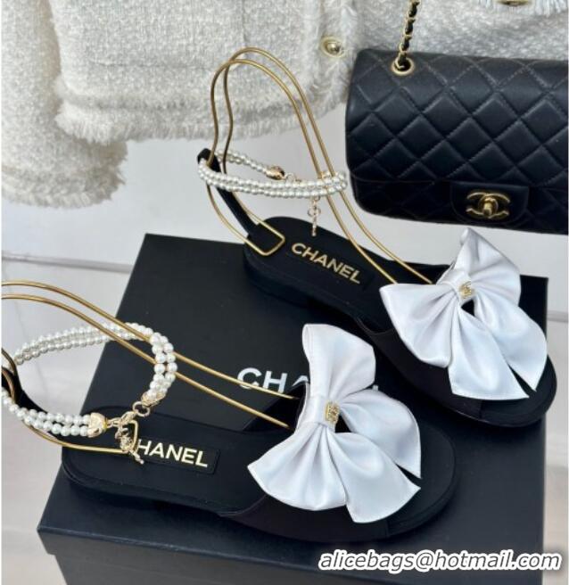 Unique Style Chanel Silk Flat Sandals with Maxi Bow and Pearls Black/White 629056