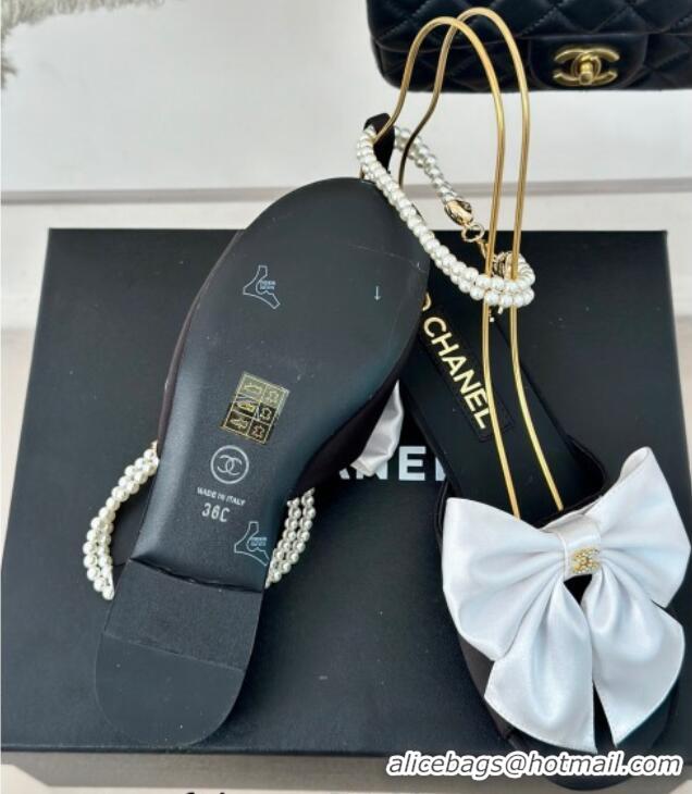 Unique Style Chanel Silk Flat Sandals with Maxi Bow and Pearls Black/White 629056