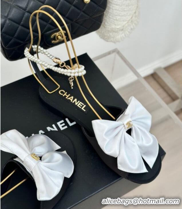 Unique Style Chanel Silk Flat Sandals with Maxi Bow and Pearls Black/White 629056