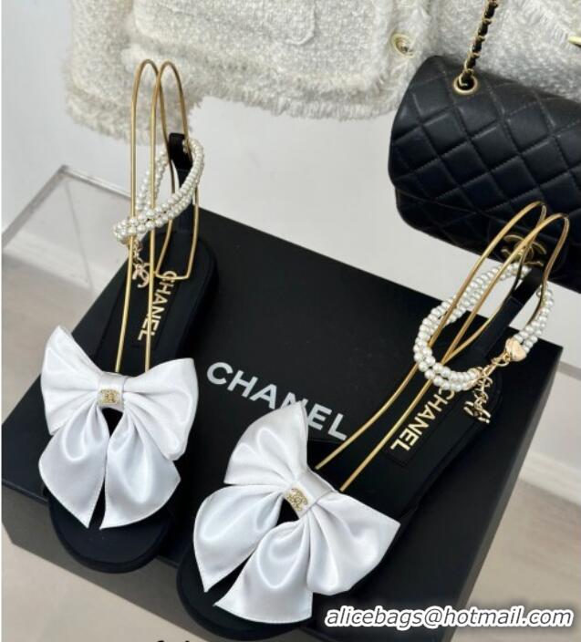 Unique Style Chanel Silk Flat Sandals with Maxi Bow and Pearls Black/White 629056