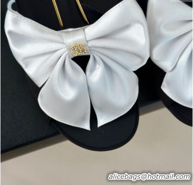 Unique Style Chanel Silk Flat Sandals with Maxi Bow and Pearls Black/White 629056