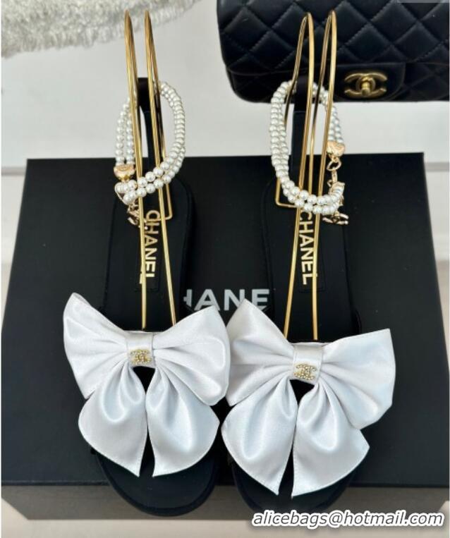 Unique Style Chanel Silk Flat Sandals with Maxi Bow and Pearls Black/White 629056