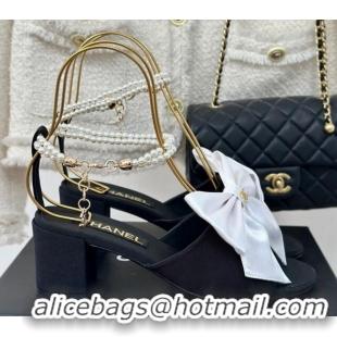 Luxurious Chanel Silk Heel Sandals 6cm with Maxi Bow and Pearls Black/White 629057