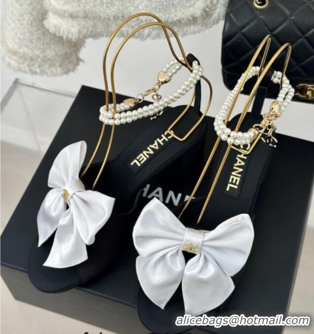 Luxurious Chanel Silk Heel Sandals 6cm with Maxi Bow and Pearls Black/White 629057