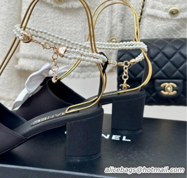 Luxurious Chanel Silk Heel Sandals 6cm with Maxi Bow and Pearls Black/White 629057