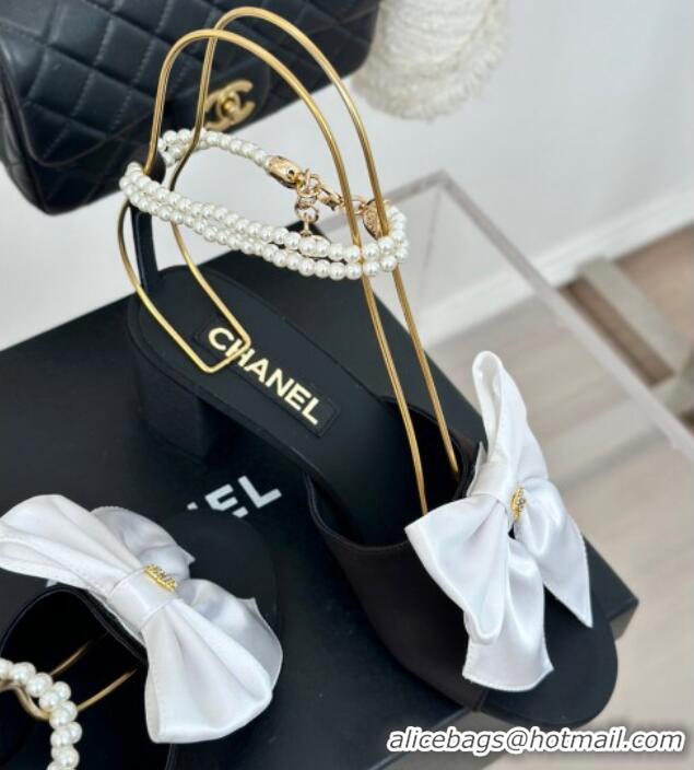 Luxurious Chanel Silk Heel Sandals 6cm with Maxi Bow and Pearls Black/White 629057