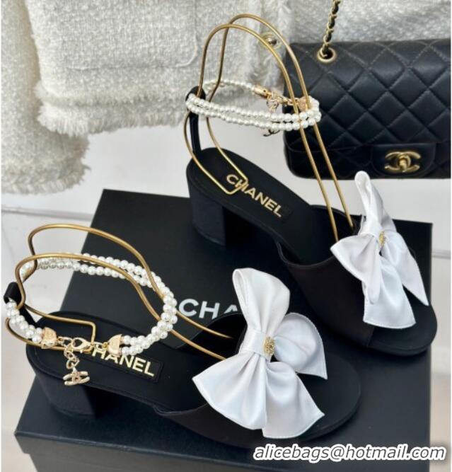 Luxurious Chanel Silk Heel Sandals 6cm with Maxi Bow and Pearls Black/White 629057