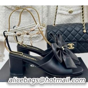 Most Popular Chanel Lambskin Heel Sandals 6cm with Maxi Bow and Pearls Balck 629058