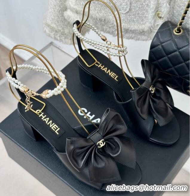 Most Popular Chanel Lambskin Heel Sandals 6cm with Maxi Bow and Pearls Balck 629058