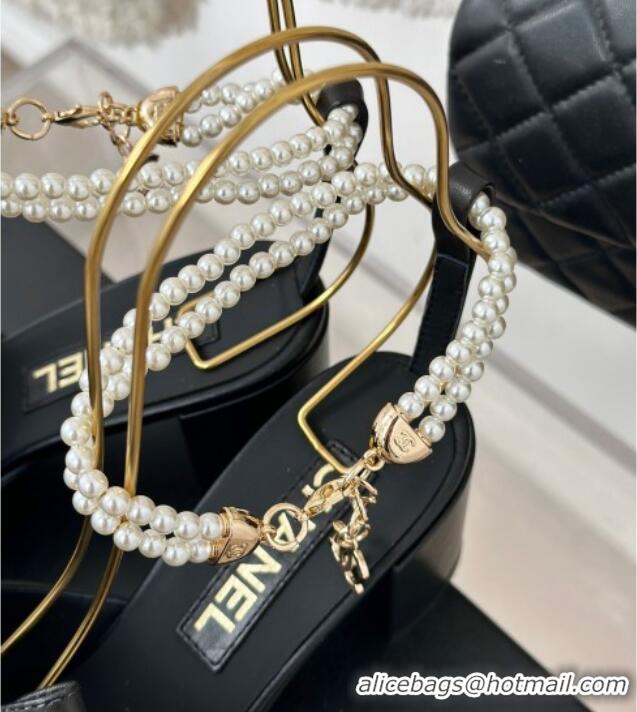 Most Popular Chanel Lambskin Heel Sandals 6cm with Maxi Bow and Pearls Balck 629058